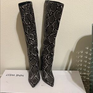 Nine West Over the Knee Snake Print Boots - Black and Gray